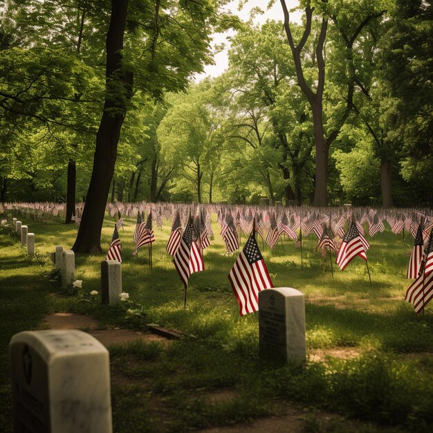 Memorial Day-illustratie met de vlag van de VS en grafsteen Generatieve ai