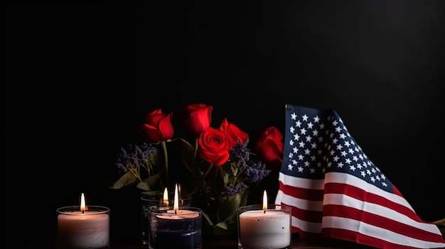 Memorial Day-illustratie met de vlag van de VS en kaars Generatieve ai