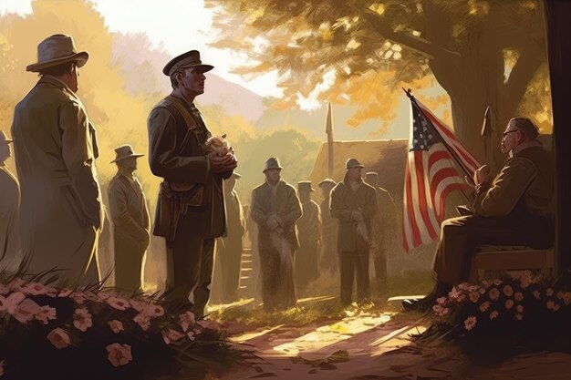 Memorial Day illustratie Ontwerp met Amerikaanse vlaggen soldaten en grafstenen met generatieve ai