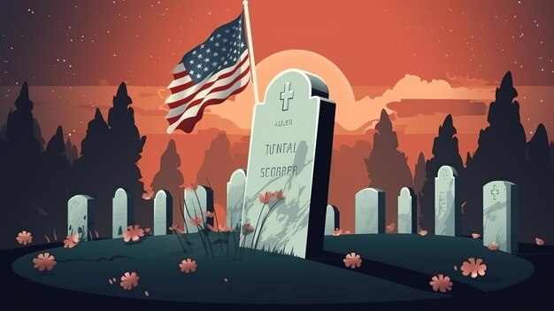 Memorial Day illustration with usa flag and headstone Generative ai