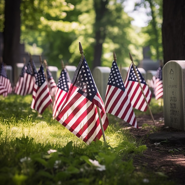 Memorial Day illustration with usa flag and headstone Generative ai