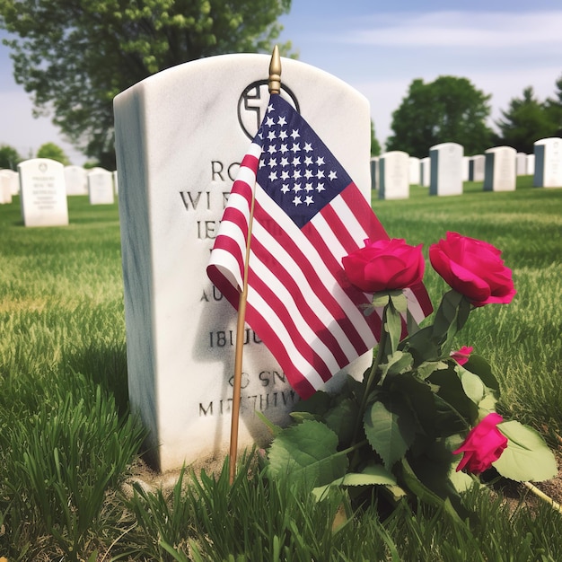 Memorial Day illustration with usa flag and headstone Generative ai