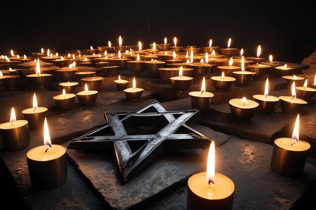 Photo memorial day international holocaust remembrance day candles burning over the star of david background in the day of sorrow