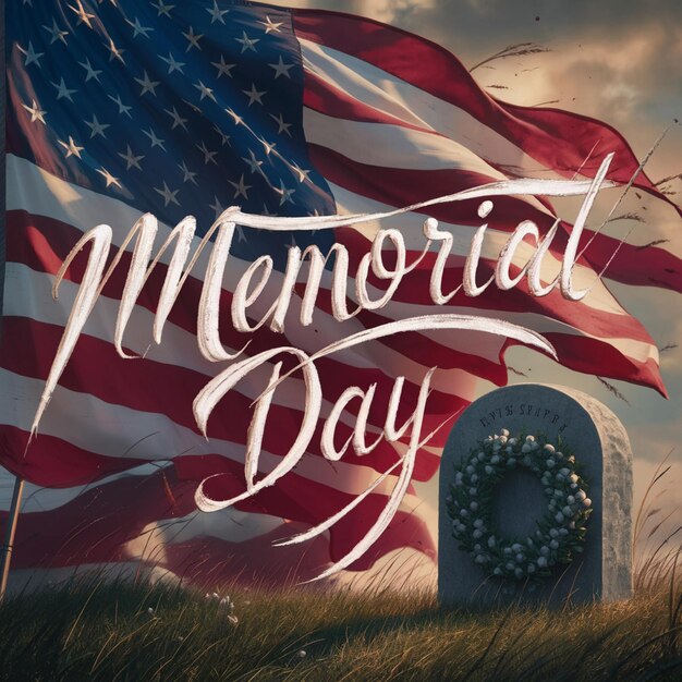 a memorial day poster with a flag and a flag in the background