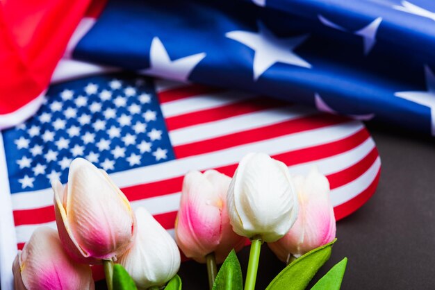 Memorial Day Remember previously but now seldom called Decoration American flag and a Tulip flower
