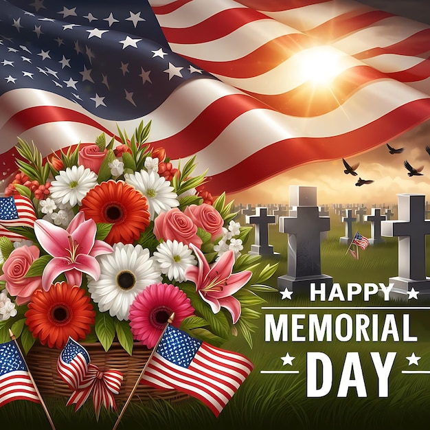 Photo memorial day social media post with american flag flowers and the american flag near the grave