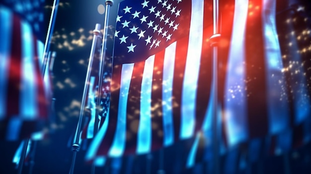 Memorial Day ter ere van iedereen die tekst diende over blauwe lichten achtergrond en USA vlaggen generatieve AI