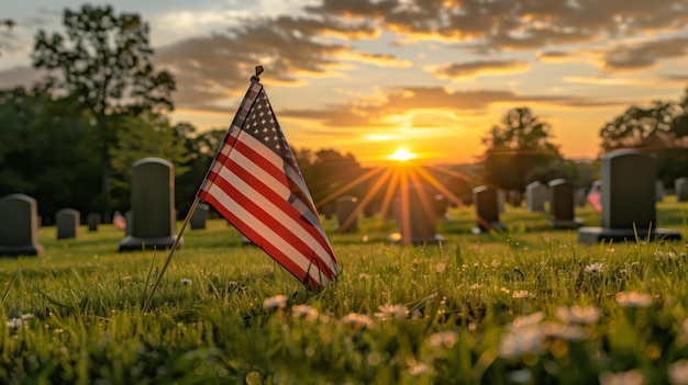 墓地でアメリカ国旗を掲げて記念日を祝う