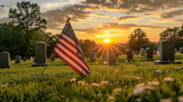 アメリカ国旗と墓碑で記念日の敬意を表す