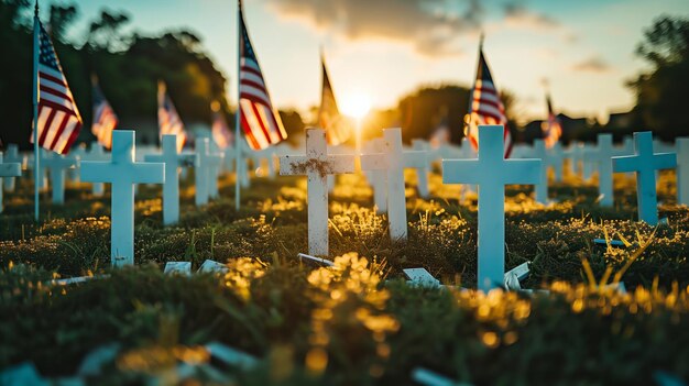 Memorial Day Tribute with Flags and Crosses at Sunset