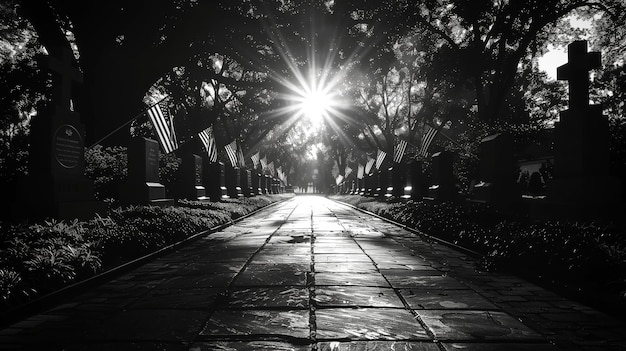 Memorial Day Tribute with White Crosses and American Flags