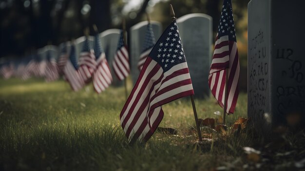 Memorial day usa flag on the grave field