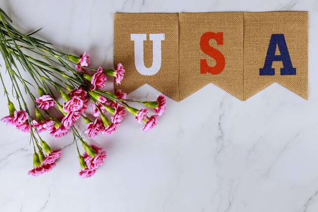 Photo memorial day, veterans celebration with text usa on pink carnation flowers