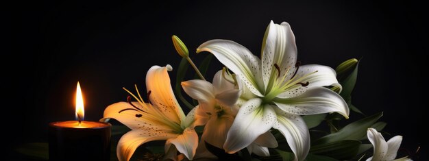 Memorial or grief banner Beautiful lily and burning candle on black