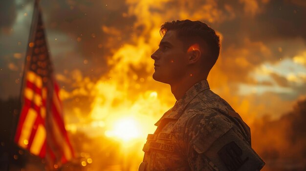 Memorial patriots day Amerikaanse nationale feestdag Amerikaanse soldaat bij zonsondergang