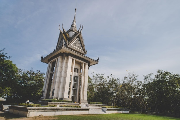 The memorial stupa of the Choeung Ek Killing Fields containing some of the Khmer Rouge victims' remains Near Phnom Penh Cambodia