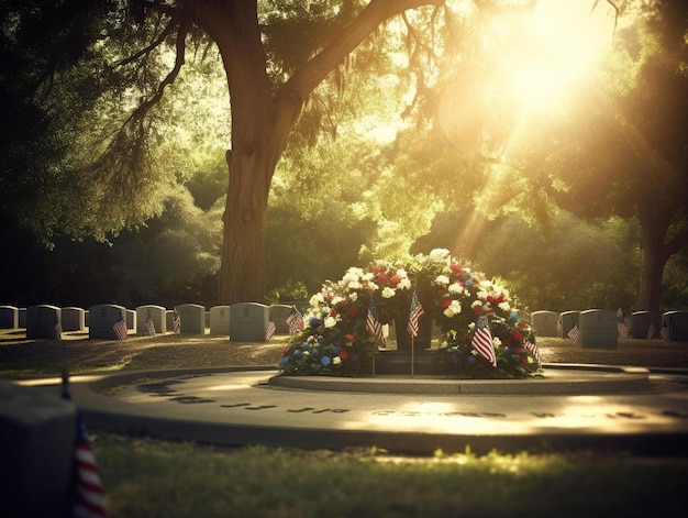 Foto un memoriale con sopra una corona e la bandiera americana a terra