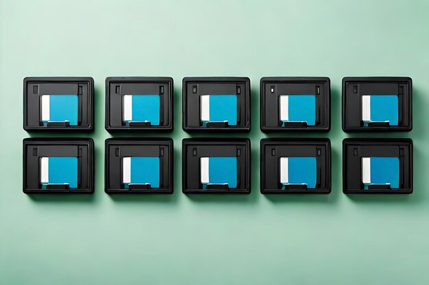 Memory cards in a neat row on a light green background