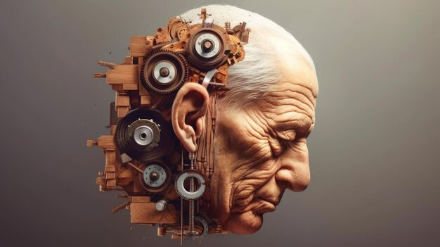 Memory loss due to dementia Senior man losing parts of head as symbol of decreased mind function