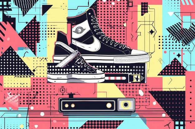 Photo memphis poster card or invitation with geometric elements sneakers and cassette tapes go back to the era