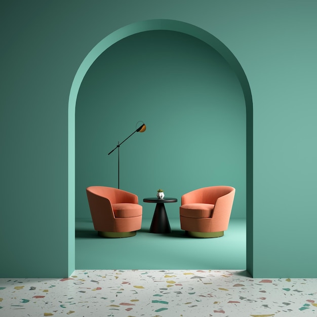 Memphis stijl conceptuele interieur kamer 3d illustratie