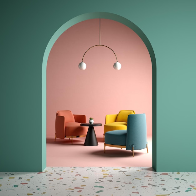 Memphis style conceptual interior room 3d illustration