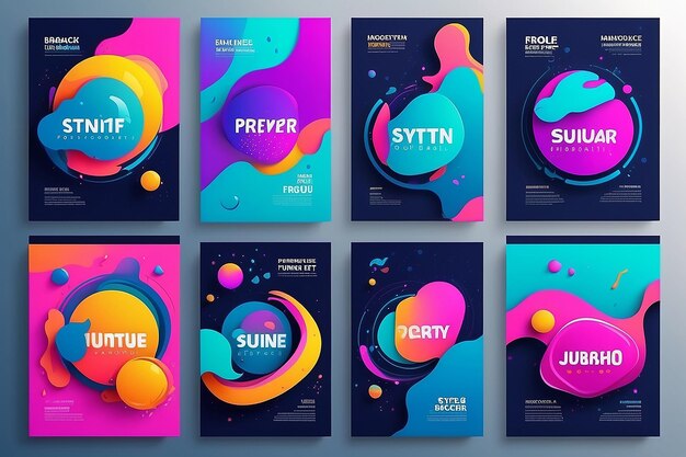 Memphis Style Poster Set Fluid Color Backgrounds with Futuristic 3D Elements Flat style Abstract