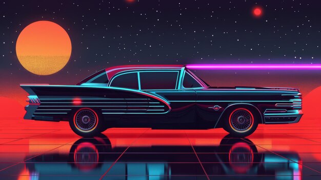 A Memphisinspired design featuring a retro car with neon accents AI generated illustration