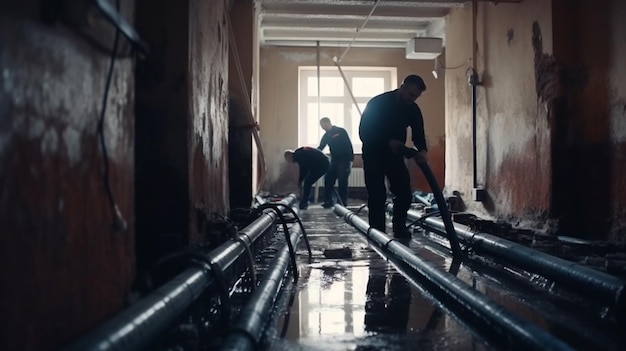 Men are working in a room with pipes and pipes.