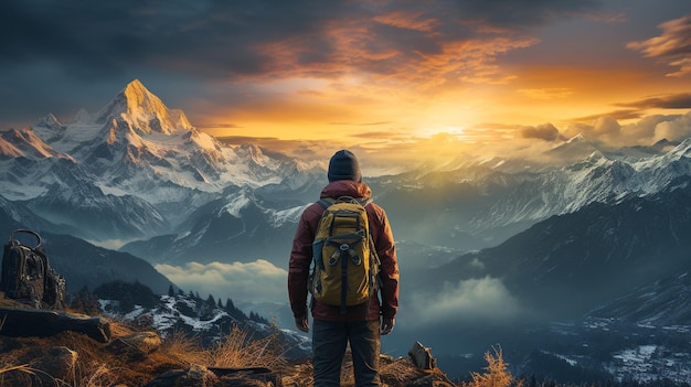 Men back side photographing mountain peak at sunrise