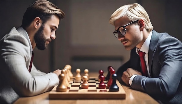 Men battle on chess board teamwork stands out