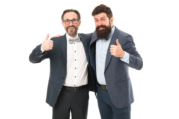 Men bearded wear formal suits. Well groomed business men. Successful partnership. Achieve success. Men entrepreneurs white background. Inspired to work hard. Business team. Business people concept.