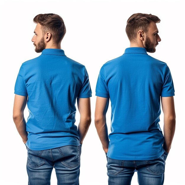 Photo men in blank blue polo shirt front and back view