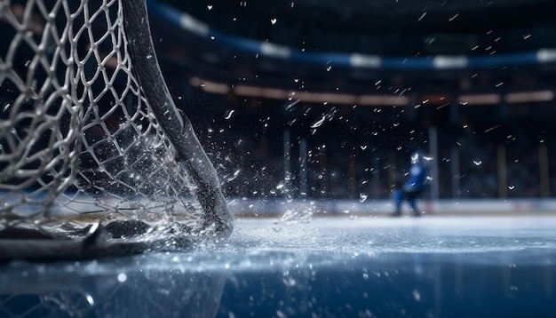 Мужчины в синем соревнуются в катании на коньках на ледовом катоке, созданном искусственным интеллектом.