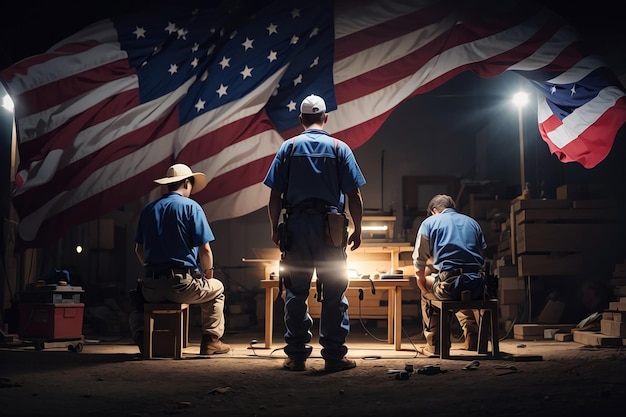 A men in blue overalls standing in front of an american flag labor day concept