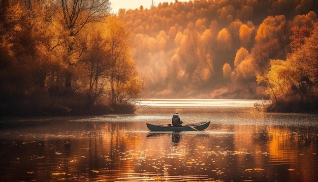 Men canoeing at sunset fishing for leisure generated by AI