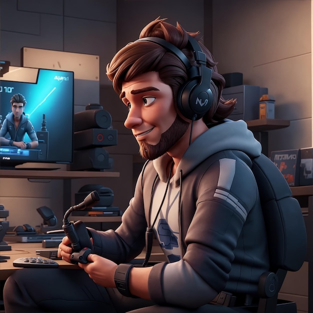 men character sitting in a gamer room with gamer headset