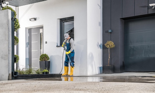 Photo men cleaning his house surrounding using pressure washing machine