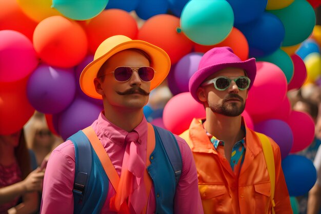 Men in colorful clothes among balloons at the LGBT parade pride month Generative AI 1