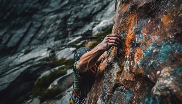 Men conquer cliff moving up with determination generated by AI