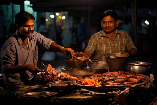 men cooking food at a food stall.