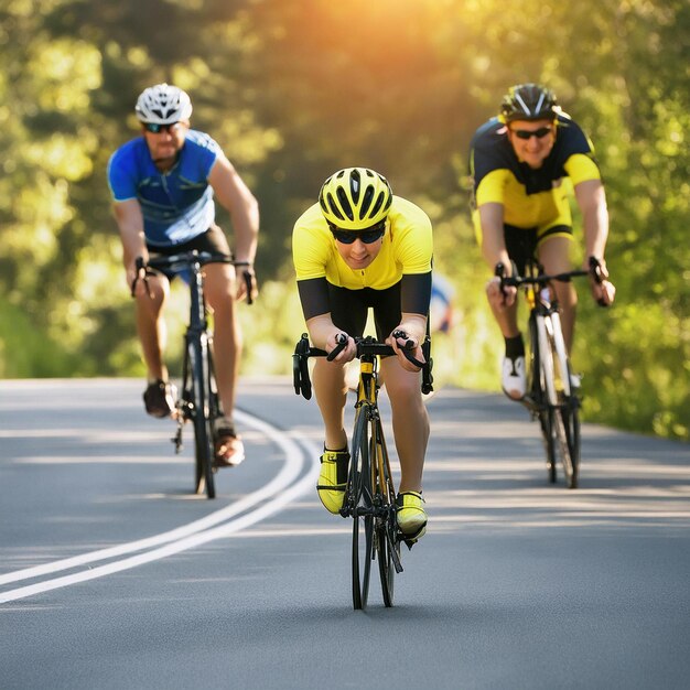 Photo men cycling down the winding roads on the road all wear helmets and jerseys
