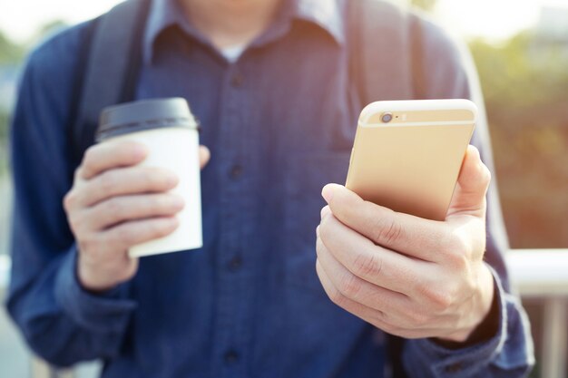 Men drink coffee in the morning before leaving