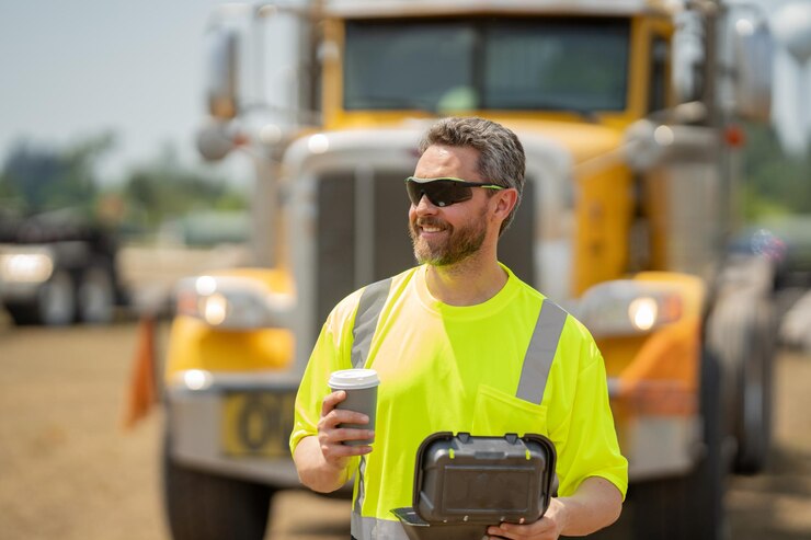 Men driver near lorry truck man truck driver in safety vest near truck happy hispanic man trucker tr