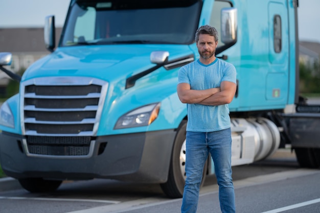 Men driver near lorry truck truck driver trucking owner transportation vehicles handsome man posing