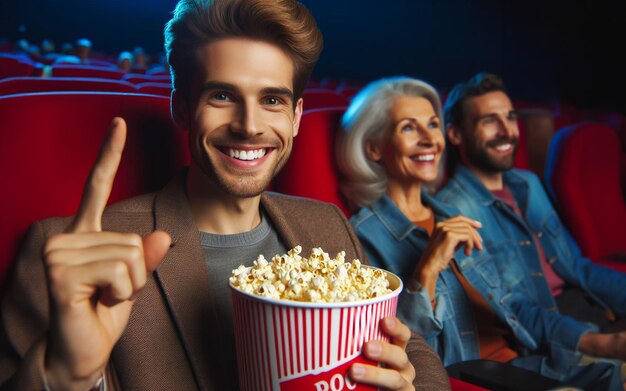 Мужчины едят попкорн в кинотеатре и веселятся.
