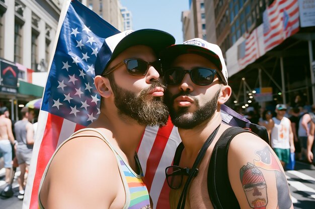 Men gays lgbt kissing guys with America Flag celebrate 4 July or NYC Pride Parade at summer