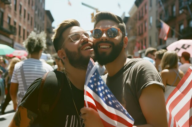 Foto men gays lgbt kissing guys with america flag celebrate 4 july or nyc pride parade at summer