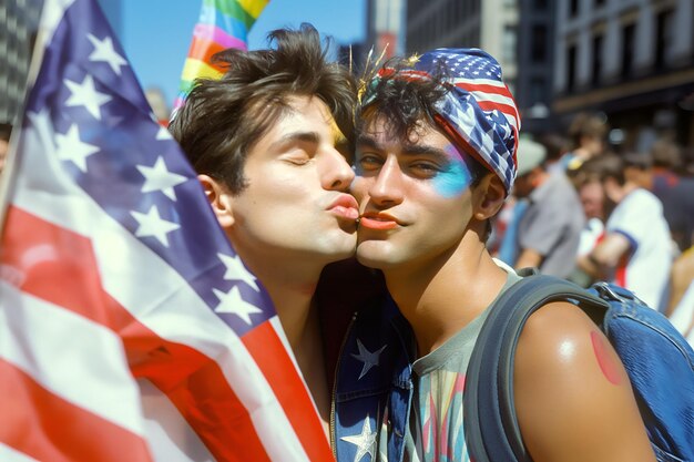 写真 ゲイとlgbtの男性がキスをする アメリカ国旗 祝い7月4日 ニューヨークプライドパレード