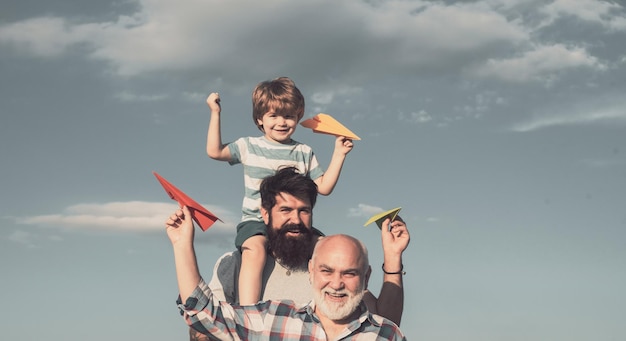 Men generation father and son with grandfather happy loving family enjoy family together grandfather